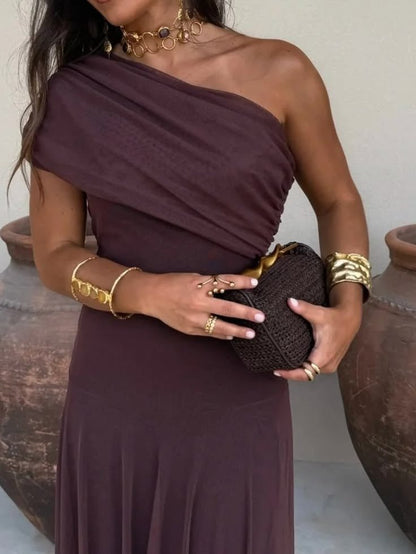 Asymmetric Off-Shoulder Ruched Maxi Dress