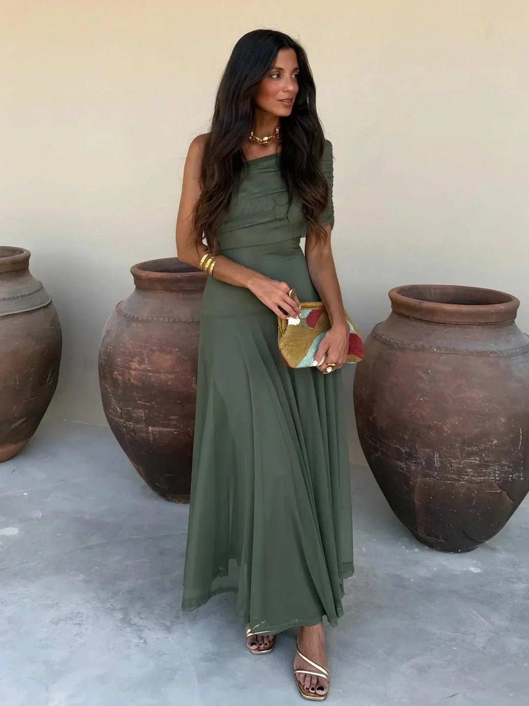 Asymmetric Off-Shoulder Ruched Maxi Dress