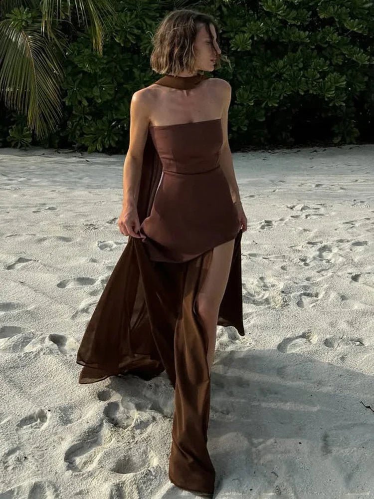 Strapless High Slit Maxi Dress with Scarf