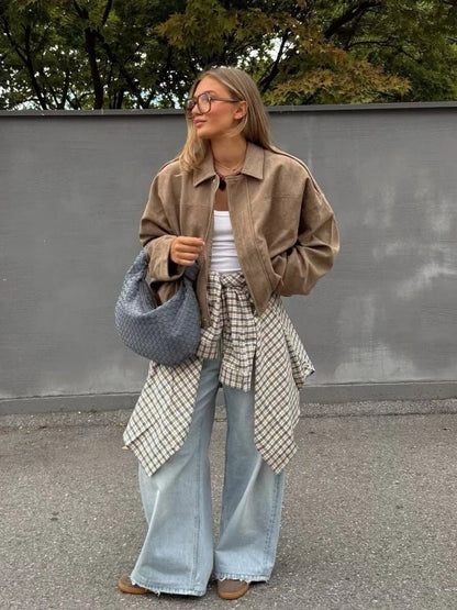 Stylish Oversized Suede Zip-Up Jacket