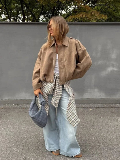 Stylish Oversized Suede Zip-Up Jacket