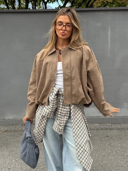 Stylish Oversized Suede Zip-Up Jacket