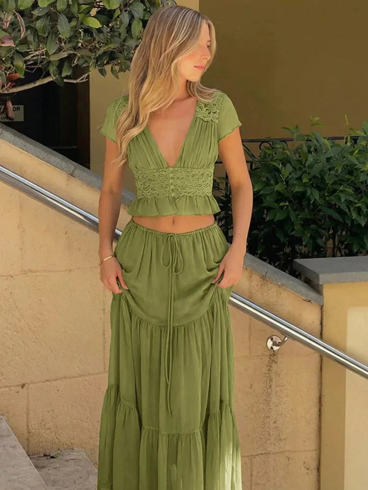 V-Neck Lace Crop Top Chiffon Two-Piece Set