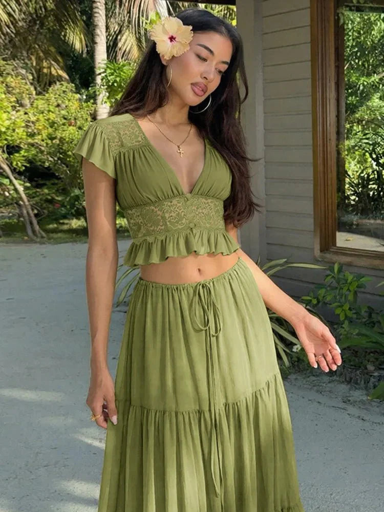 V-Neck Lace Crop Top Chiffon Two-Piece Set