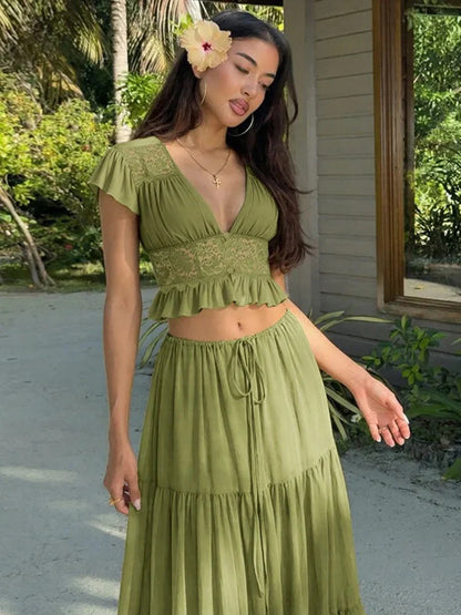 V-Neck Lace Crop Top Chiffon Two-Piece Set
