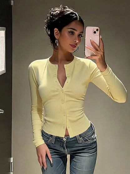 Long Sleeve Button Front Ribbed Knit Top