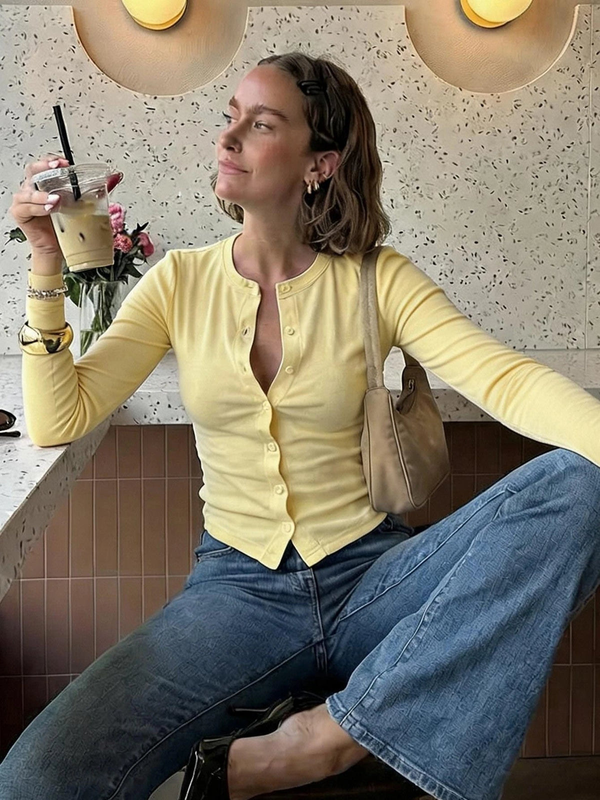 Long Sleeve Button Front Ribbed Knit Top